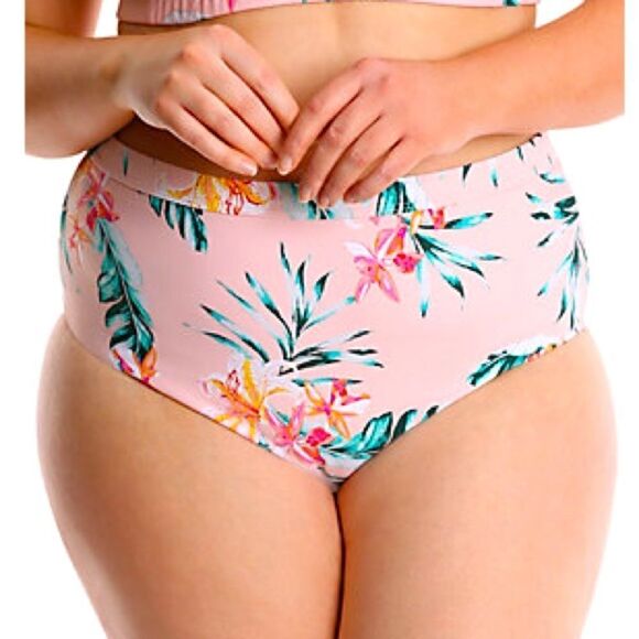 Lysa Tropical Floral Pink High Waisted Bow Back Bikini Swim Bottoms Plus Size 2X - Picture 1 of 9
